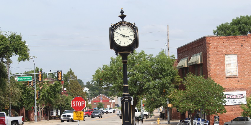 The Centennial Clock in Sand Springs, Oklahoma, a historic landmark located in a town square