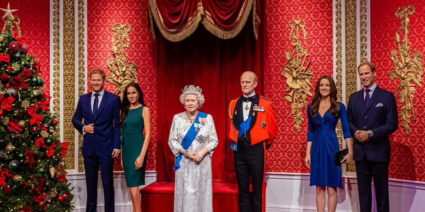 Wax figures of the British Royal Family, Madame Tussauds waxwork museum, one of the popular touristic attractions