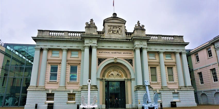 An image showing the entrance of the National Maritime Museum, surrounded by scenic views