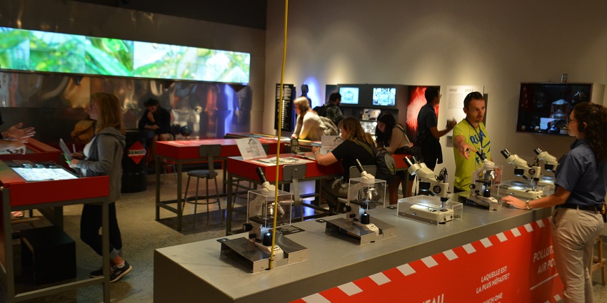 An image of the inside the Biosphere Museum, showcasing interactive exhibits and modern design