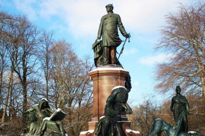 Close-up of Otto Von Bismarck statue in Tiergarten Berlin with its intricately carved structure and detailed sculptures