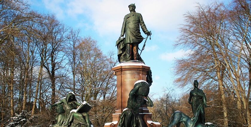 Close-up of Otto Von Bismarck statue in Tiergarten Berlin with its intricately carved structure and detailed sculptures