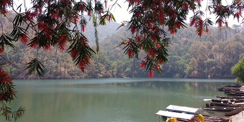 Picturesque view of Bhimtal, Uttarakhand - surrounded by lush greenery