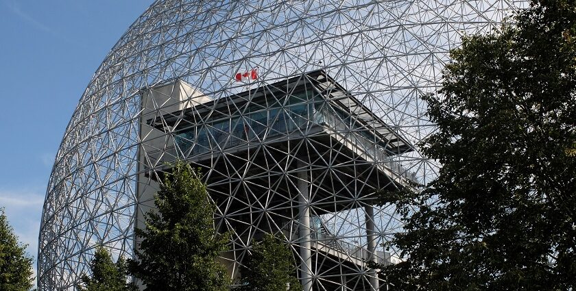 An image of the iconic geodesic dome of the Biosphere Museum, showcasing modern architecture