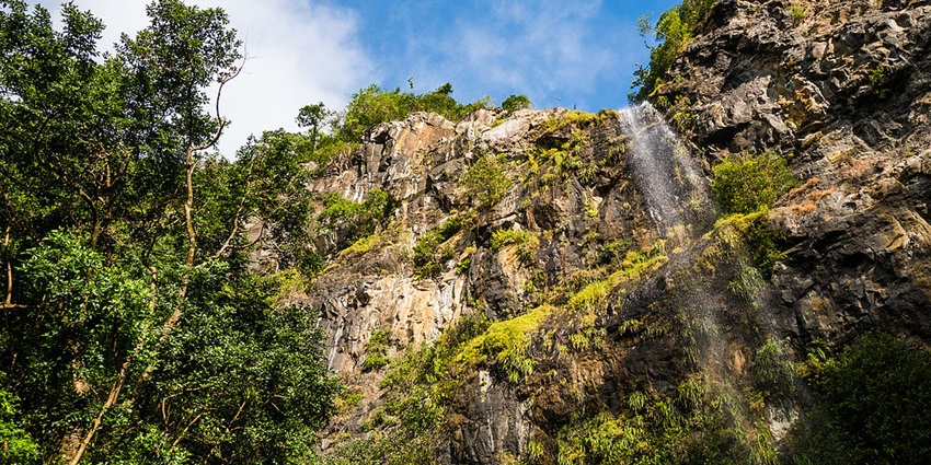 A strand of water is falling from the top of a highland almost covered in green.