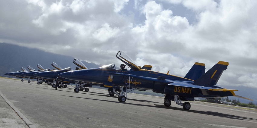 The picture of Hornet fighter jets and Fat Albert Airlines arriving at Marine Corps Air Station.