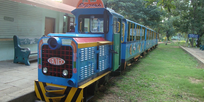 A colourful toy train stands in the Botanical Garden in Pondicherry, India