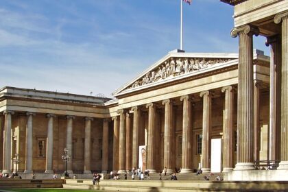 An image of an aerial view of the British Museum in England, showcasing its iconic architecture