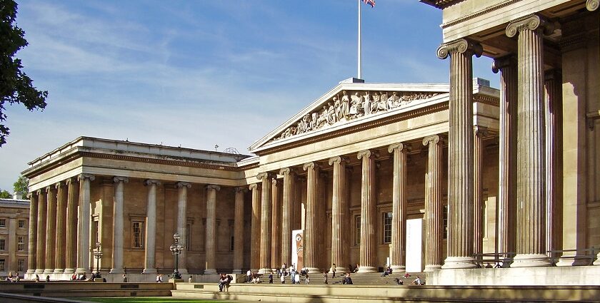 An image of an aerial view of the British Museum in England, showcasing its iconic architecture