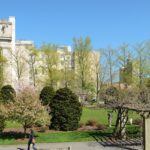 Scenic view of Brooklyn Botanic Garden with Brooklyn Museum, with greenery and blooming flowers.