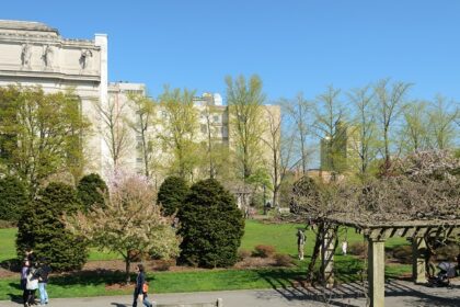 Scenic view of Brooklyn Botanic Garden with Brooklyn Museum, with greenery and blooming flowers.