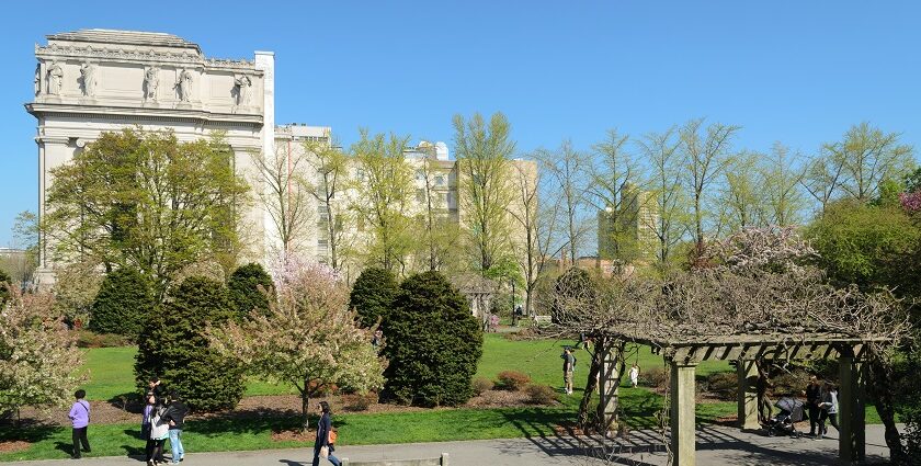 Scenic view of Brooklyn Botanic Garden with Brooklyn Museum, with greenery and blooming flowers.