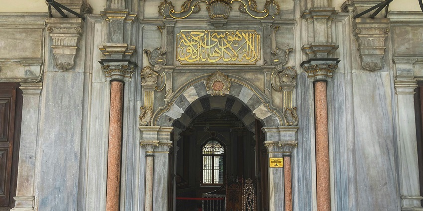 Interior of a mosque with detailed architectural pillars - among the mosques in Mauritius.