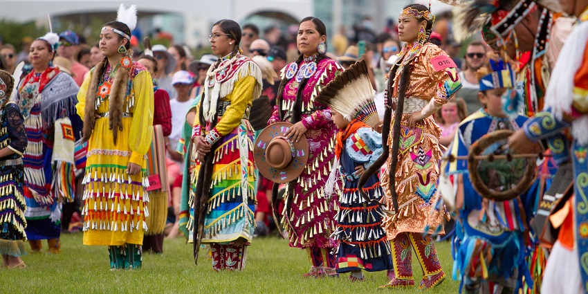 A view of First Nations dancers watching the Canada Day celebrations in Calgary, Alberta.