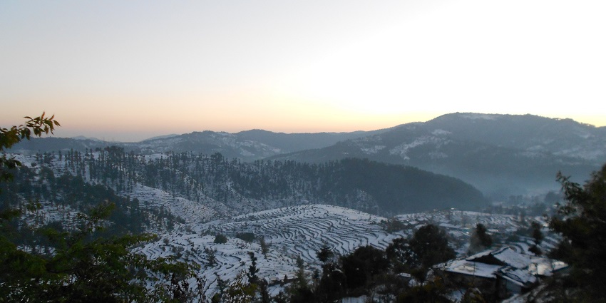 Overlooking the Stepped Fields covered in snow. Village Panchayat, Kali Gaun, Lohaghat, Champawat