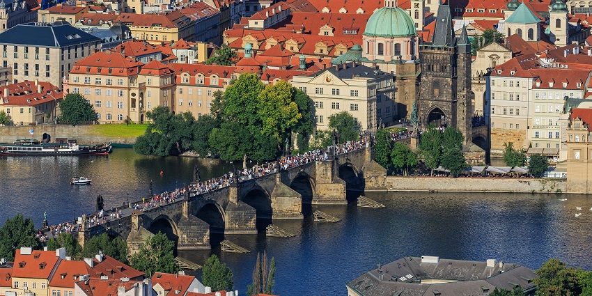 Image of historic cityscape from Petřín Tower, one of the top places to visit in Prague.