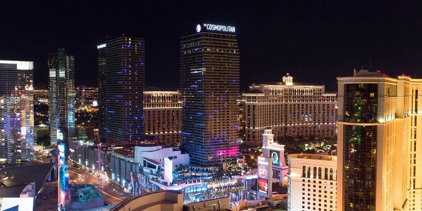 An image of from the roof terrace of Marriott's Grand Chateau at night