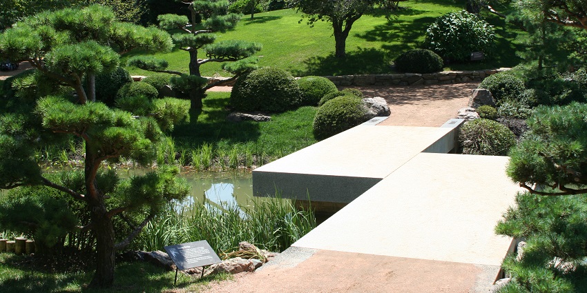 Scenic view of the Zig Zag Bridge at the Chicago Botanic Garden, ideal for a peaceful Valentine's Day stroll