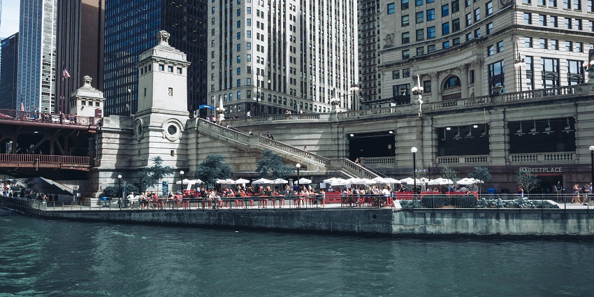 Scenic view of the Chicago Riverwalk, perfect for a relaxing Valentine's Day walk
