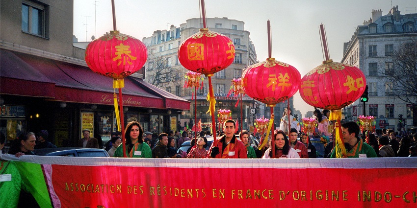 Image of the group of people celebrating Chinese new year prade in Hong kong