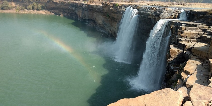 A small rainbow can be seen across the Chitrakote Waterfalls in Bastar District, Chhattisgarh