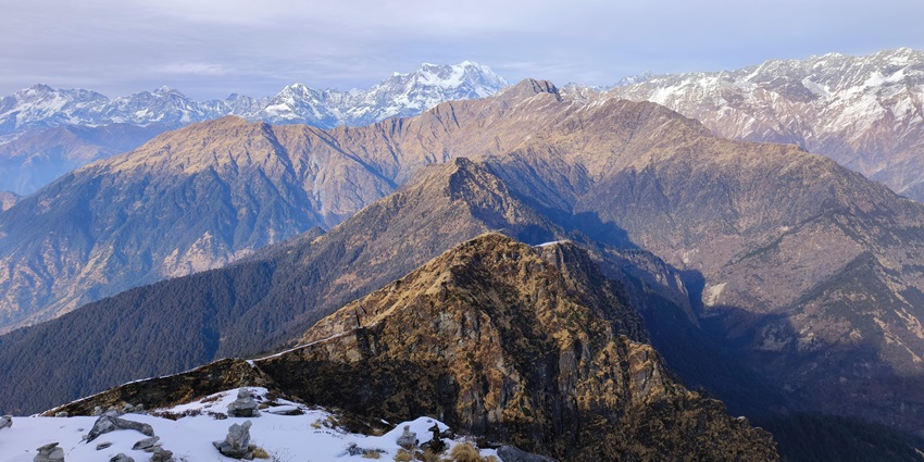 Panoramic image of the beautiful Chopta valley and clear view of Himalaya