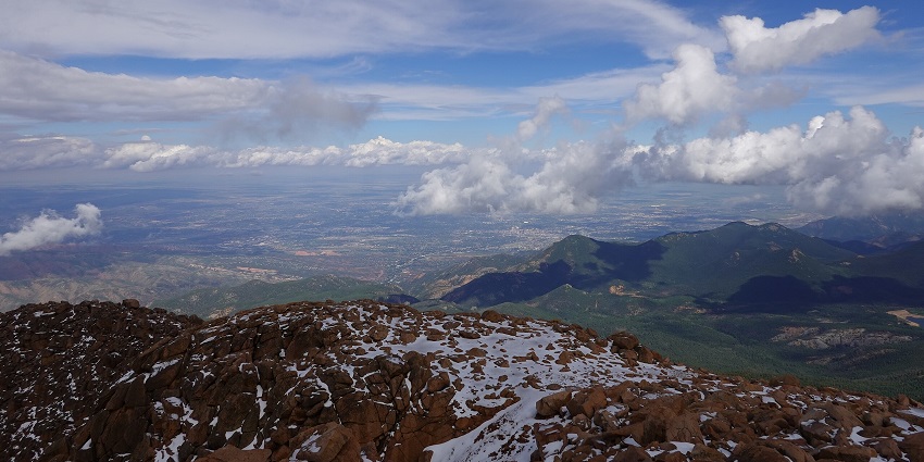 An image taken from Pikes Peak on a cloudy day in Colorado Springs.