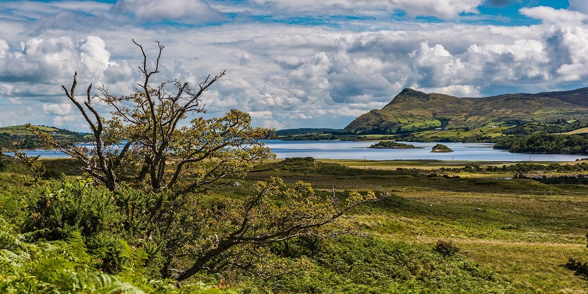 An image of Connemara National Park featuring mountains, lake, and greenery.