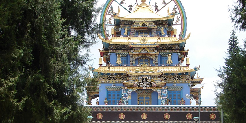 Front view of a magnificent Buddhist temple at Khusalnagar in Coorg District, Karnataka.