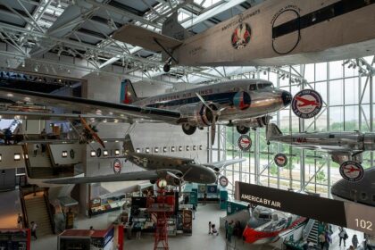 Entrance of the National Air and Space Museum in Washington, DC, with visitors outside