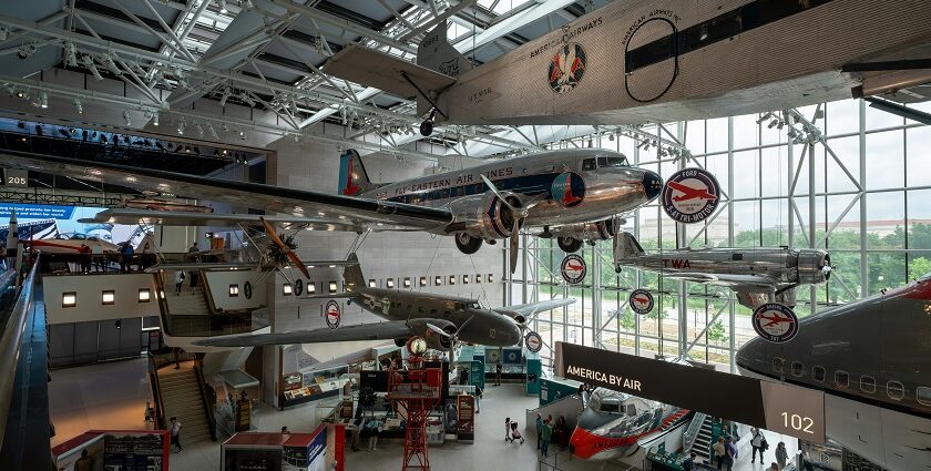 Entrance of the National Air and Space Museum in Washington, DC, with visitors outside