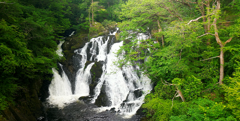 An image is a drone shot of the Croatia waterfalls, it is one of the beautiful waterfalls.