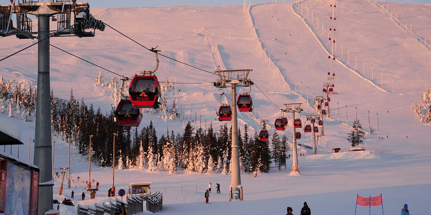 Snow-covered Yllas Ski Resort area with people skiing and snowmobiling on long trails