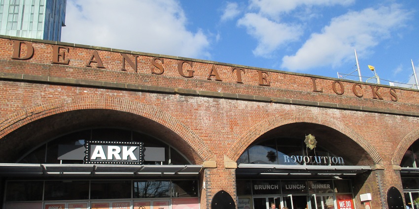 An image of Deansgate Locks along the Rochdale Canal, located in Manchester, UK.
