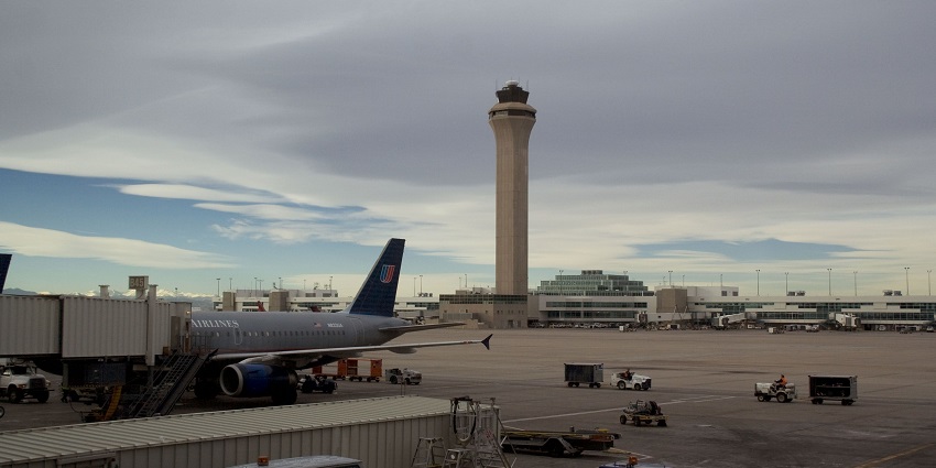 An image of the Denver International Airport, the largest airport in the USA.