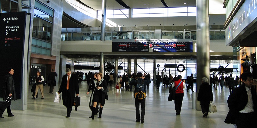 An image of the interior of the Detroit Metropolitan Airport, a famous airport in the USA.