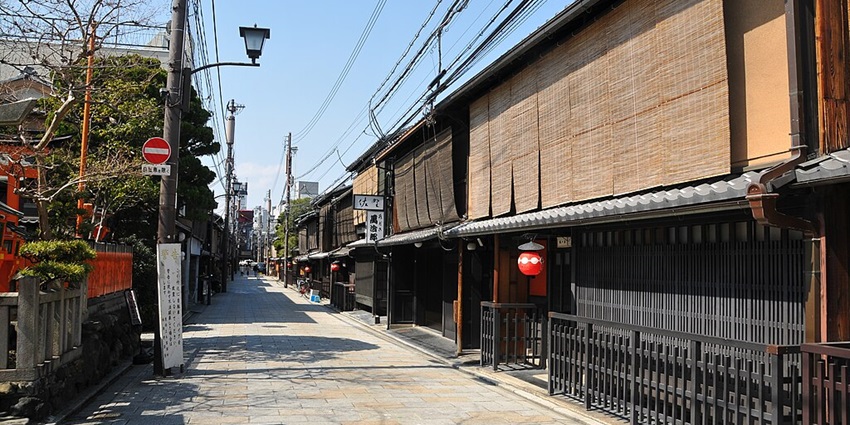 Traditional geisha district with historic teahouses and cobblestone streets