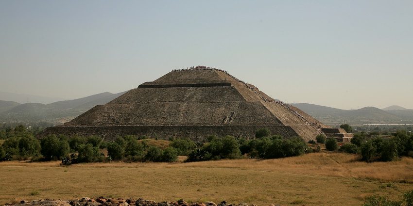 People climbing the Pyramid of the Sun queue on its stairs near Teotihuacan, Mexico.