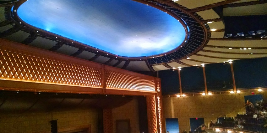 Interior of the Dr. Phillips Center with designed ceilings above the seating area