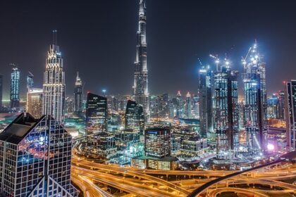 Tall skyscrapers dot the landscape of Dubai in the United Arab Emirates.