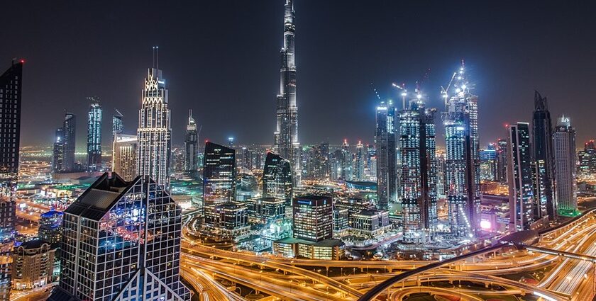 Tall skyscrapers dot the landscape of Dubai in the United Arab Emirates.