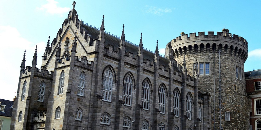 A picture of Dublin Castle courtyard with historic architecture, blending medieval.