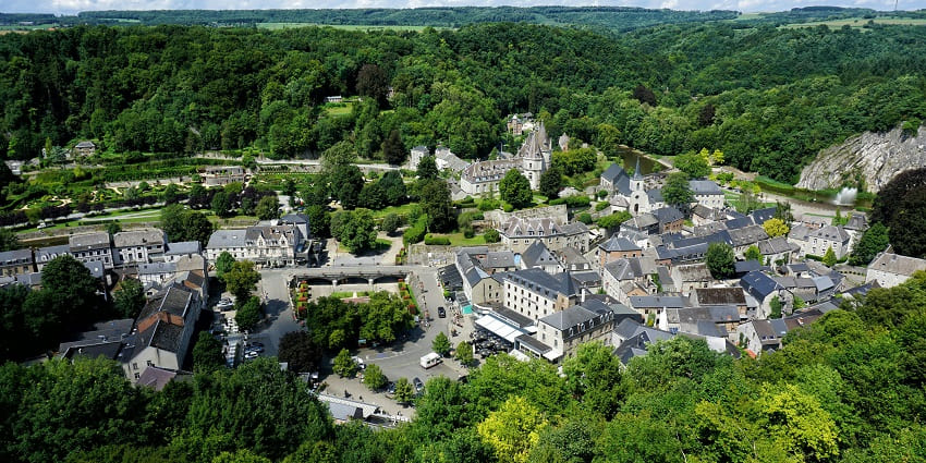 A view of Durbuy with many historic places and the scenic views of the emerald hills.