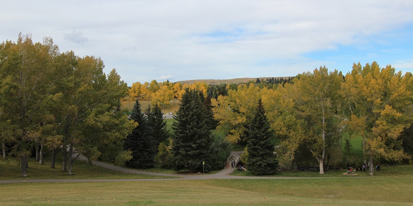 Nose Hill visible at a distance covered in greenery and people hiking to the hill.