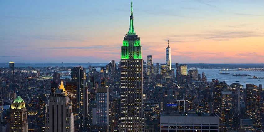 View of the Empire State Building from Rockefeller Center in New York City.