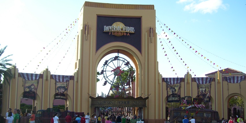 Carnival-like atmosphere at the entrance of Halloween Horror Nights by Universal Studios, Florida.