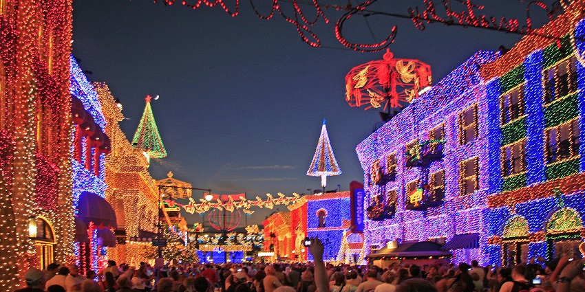 Building covered in lights during Christmas at Osborne Family Spectacle of Dancing Lights in Florida.