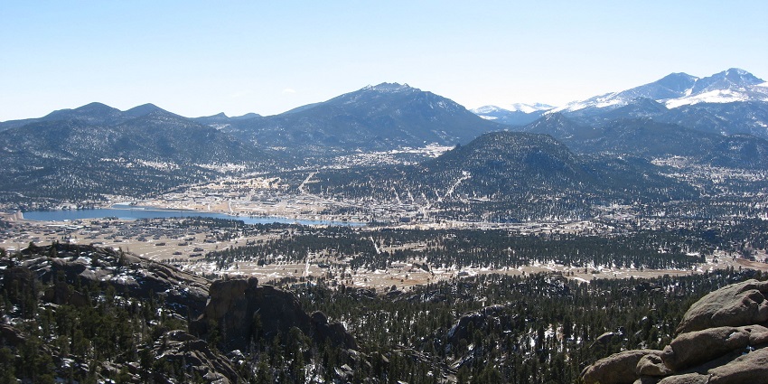 Panoramic view the mountains of Gem Lake of Estes Park, one of the places to see in Colorado in December