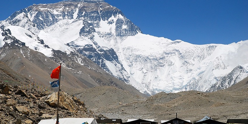 Mount Everest, as seen from the Everest Base Camp in Khumbu Region in Nepal