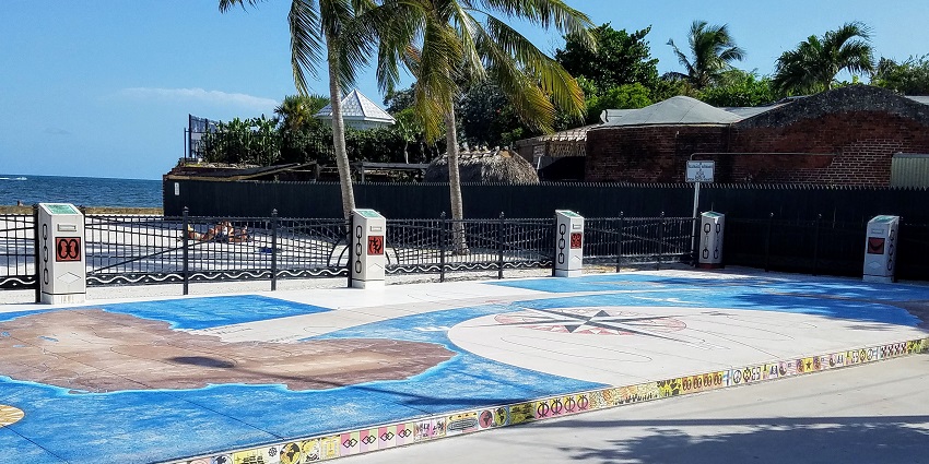 A beautiful sea view with palm trees from Higgs Beach in Key West, Florida, USA.